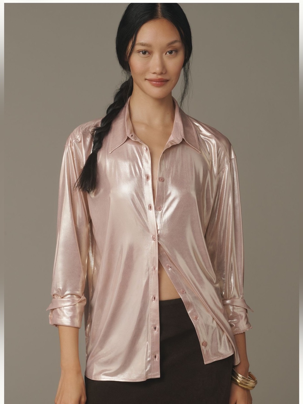 By Anthropologie shine button-down shirt in silver pink